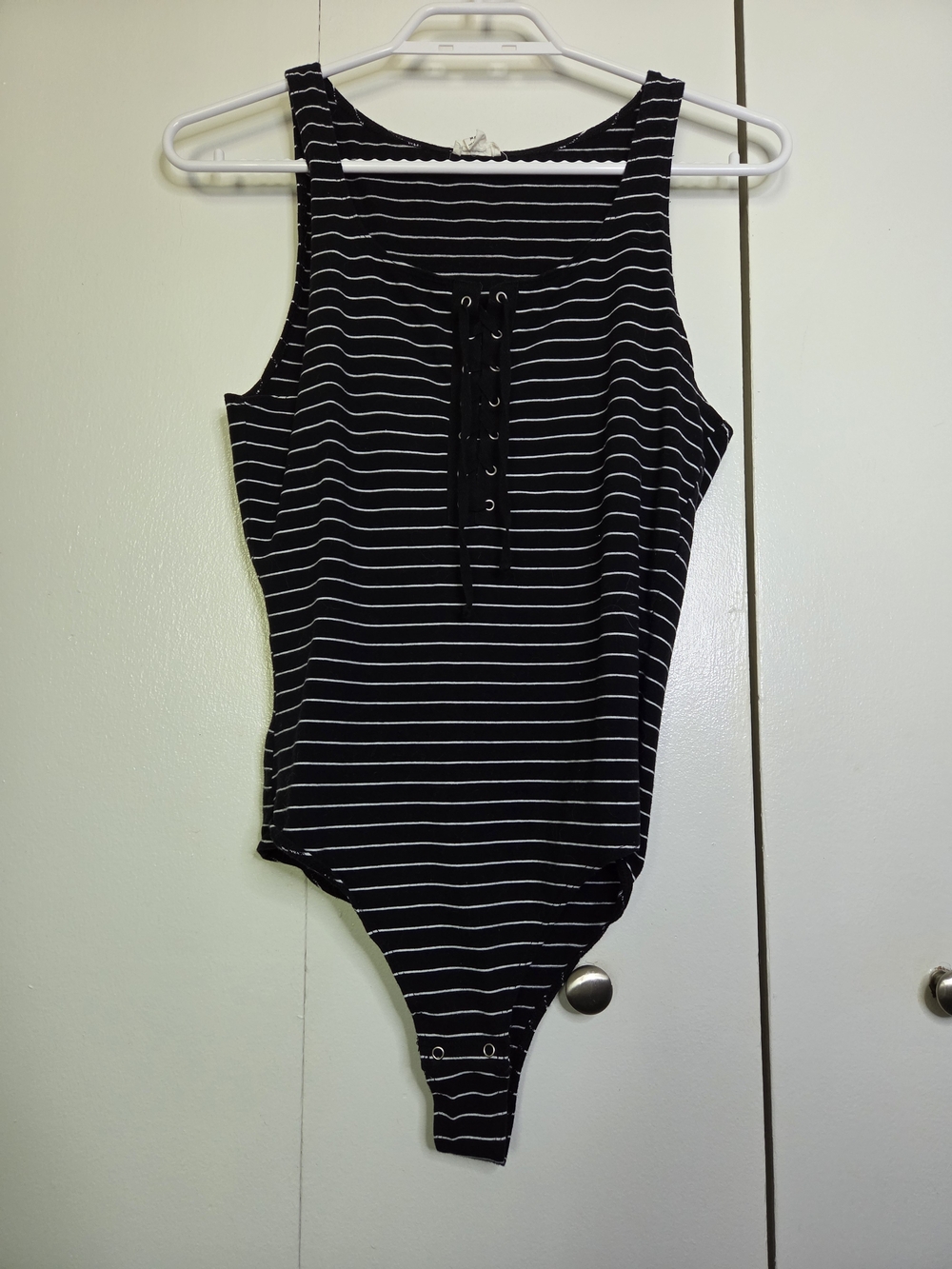 Garage Women's L Black and White Striped Lace-Up Ribbed Bodysuit